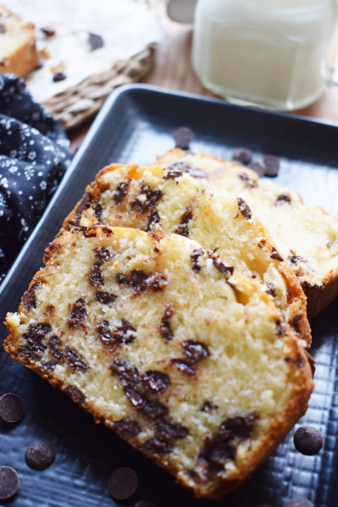 slices of a chocoalte chip loaf cake on a plate