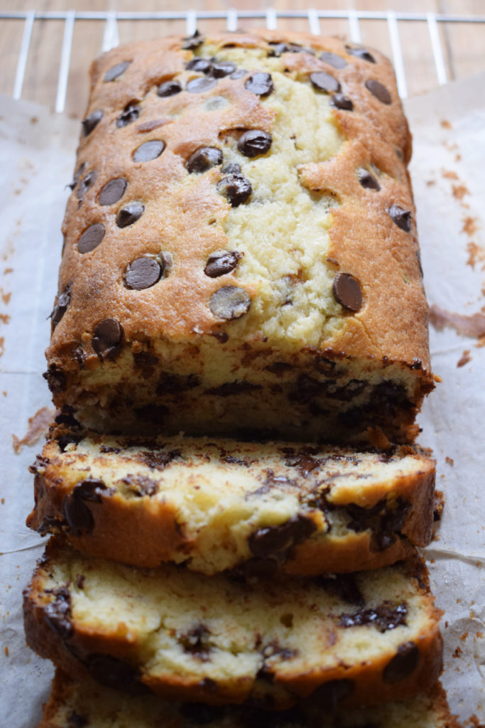 close up of a chocolate chip loaf cake