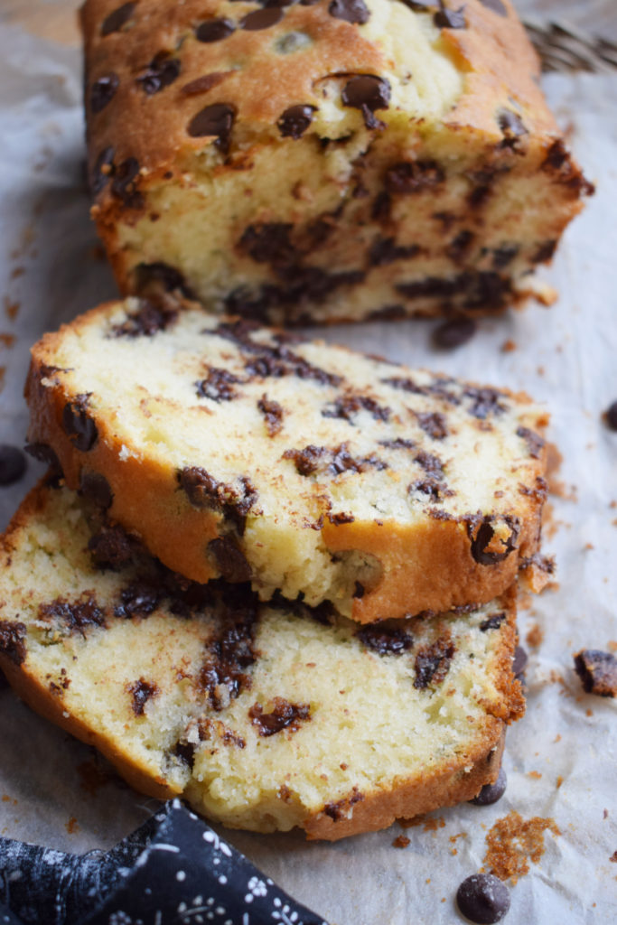 close up of the chocolate chip loaf cake