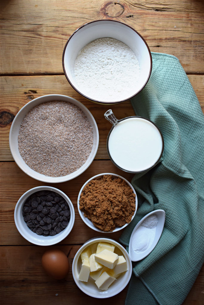 Ingredients to make the chocolate chip bran muffins.
