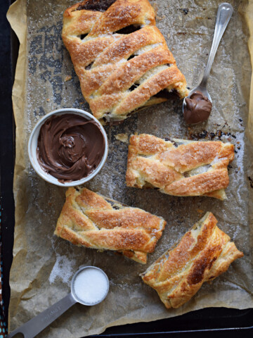 chocolate pastry braid on a cookie sheet.