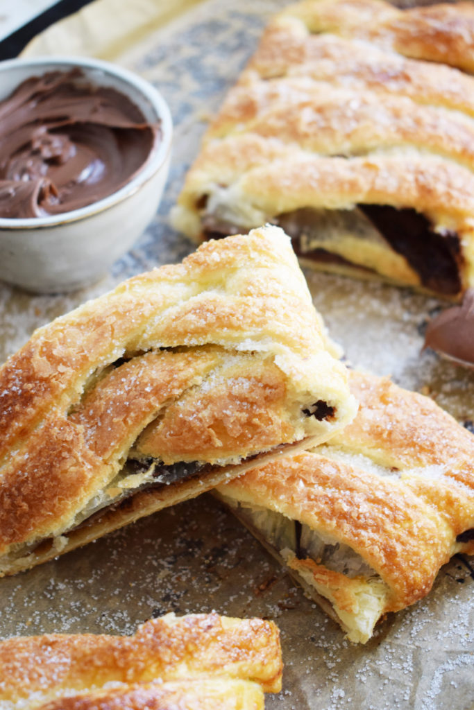 Close up of the nutella puff pastry braid.