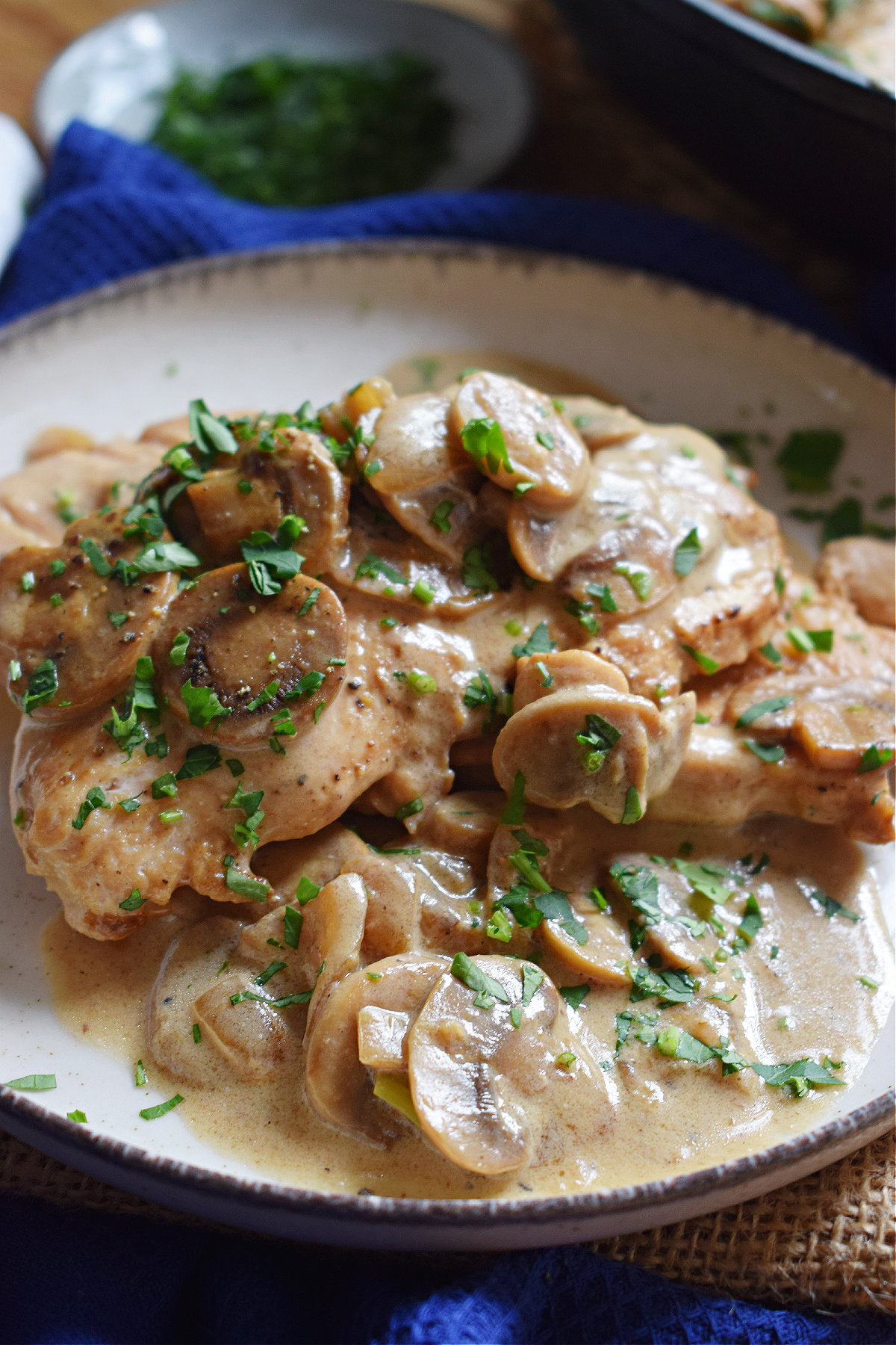 Turkey and mushrooms in a Creamy White Wine Sauce on a plate.