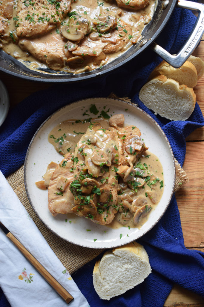 Creamy turkey in a skillet and on a plate.