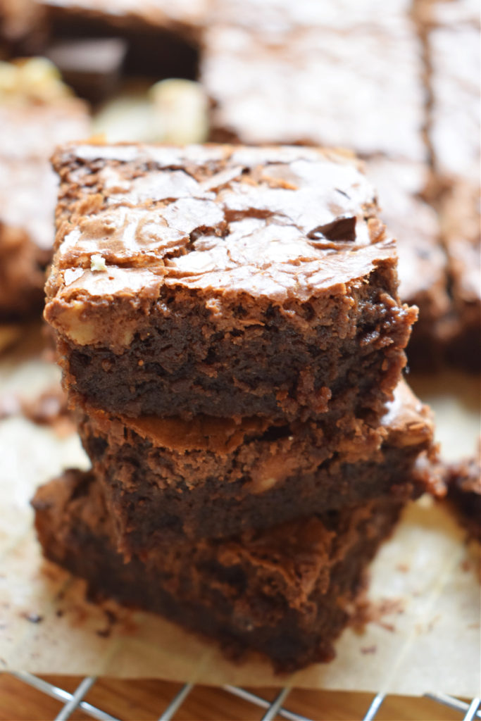 A stack of chocolate walnut brownies