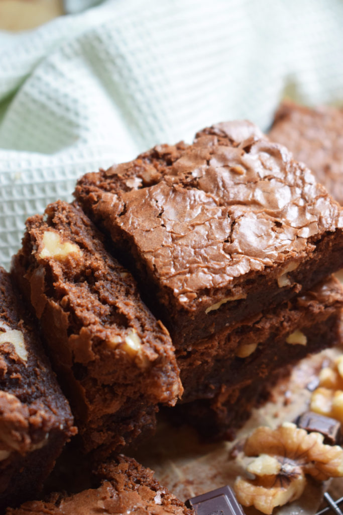 A stack of chocolate walnut brownies