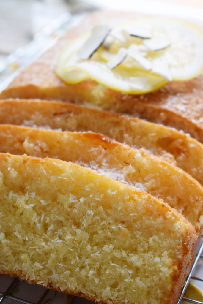 close up of the coconut lemon loaf cake.