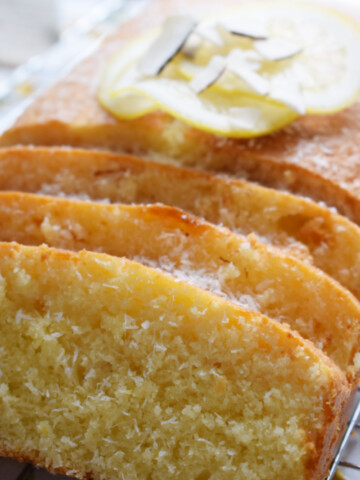close up of the coconut lemon loaf cake.