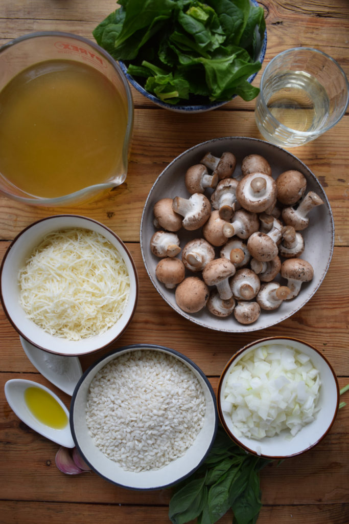 Ingredients on a table to make risotto.