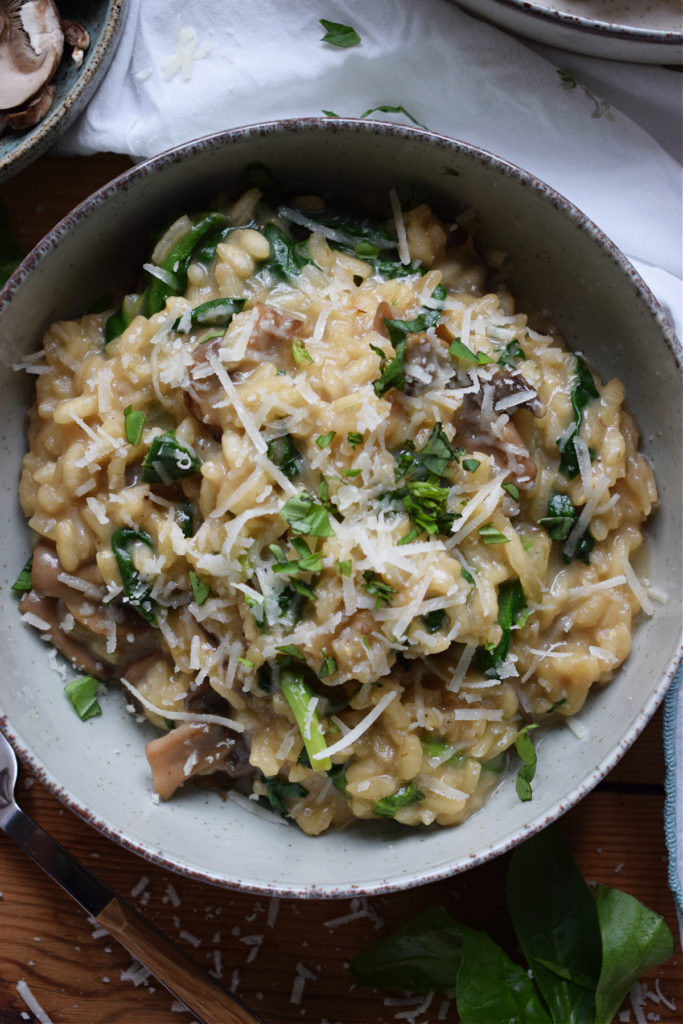 close up of the mushroom and spinach risotto.