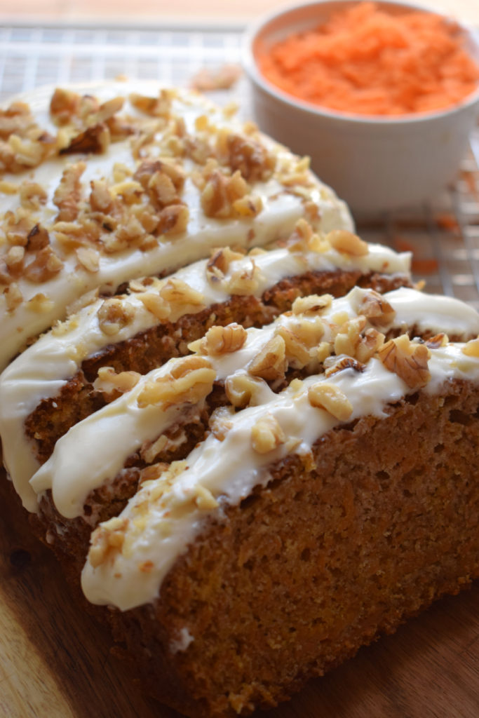 Close up of a carrot cake loaf.