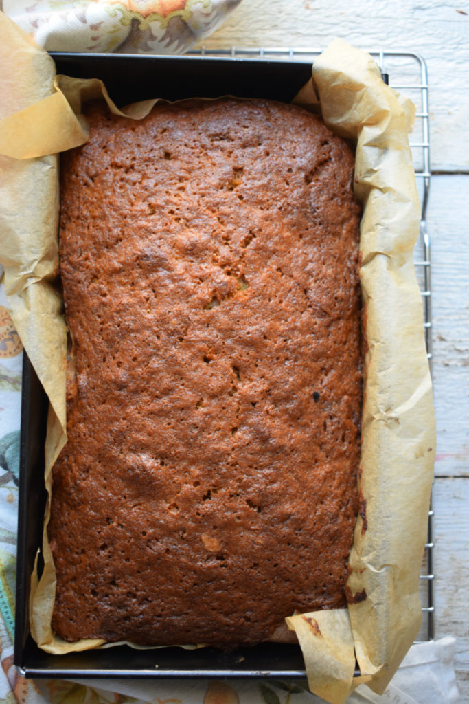 Baked carrot cake in a loaf tin.
