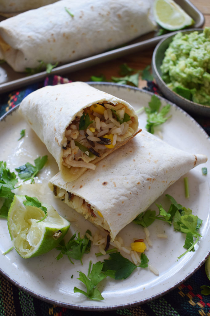 Chicken and rice wraps on a plate