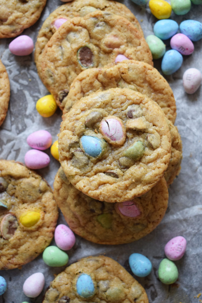 Easter mini egg cookies on a tray.