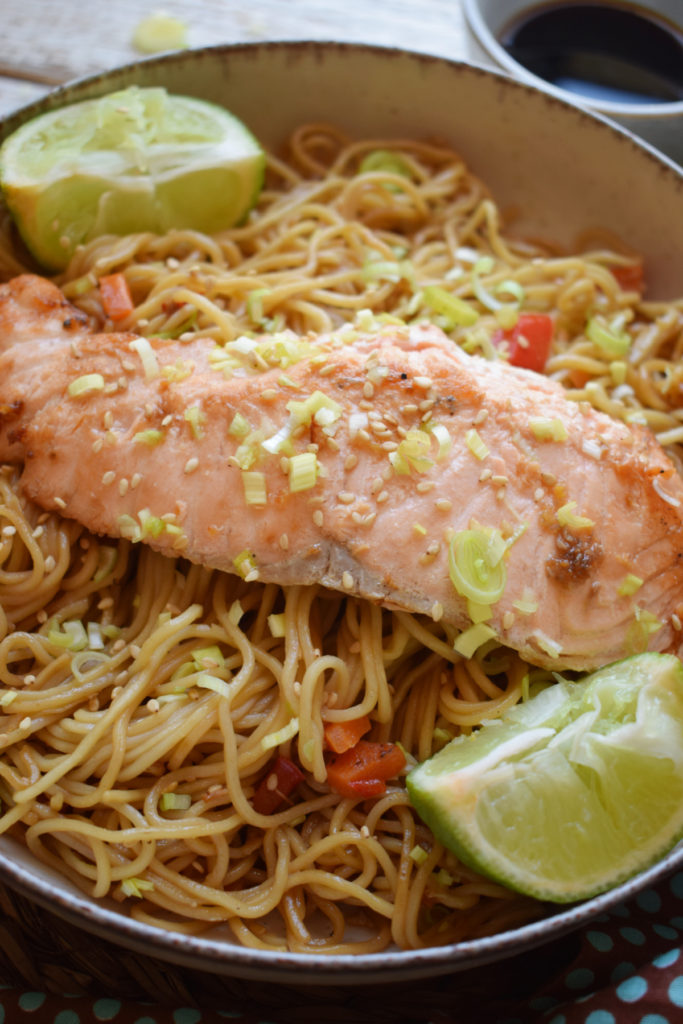 Salmon on top of noodles in a bowl.