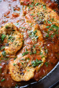 Close up of the tomato parmesan skillet chicken.