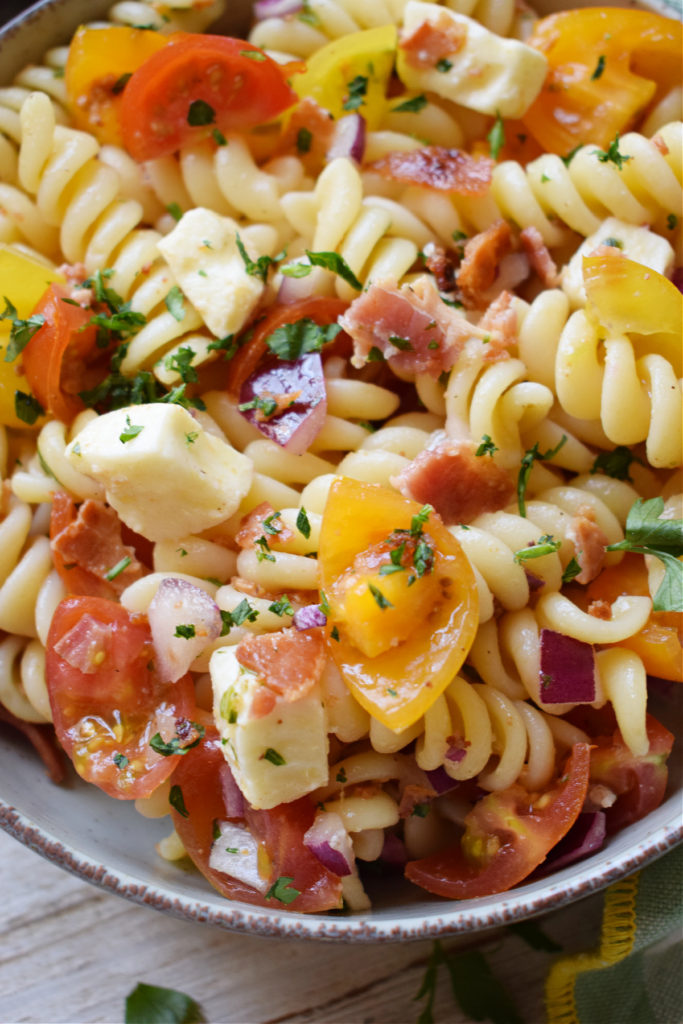 Close up of the Bacon Tomato Pasta Salad.
