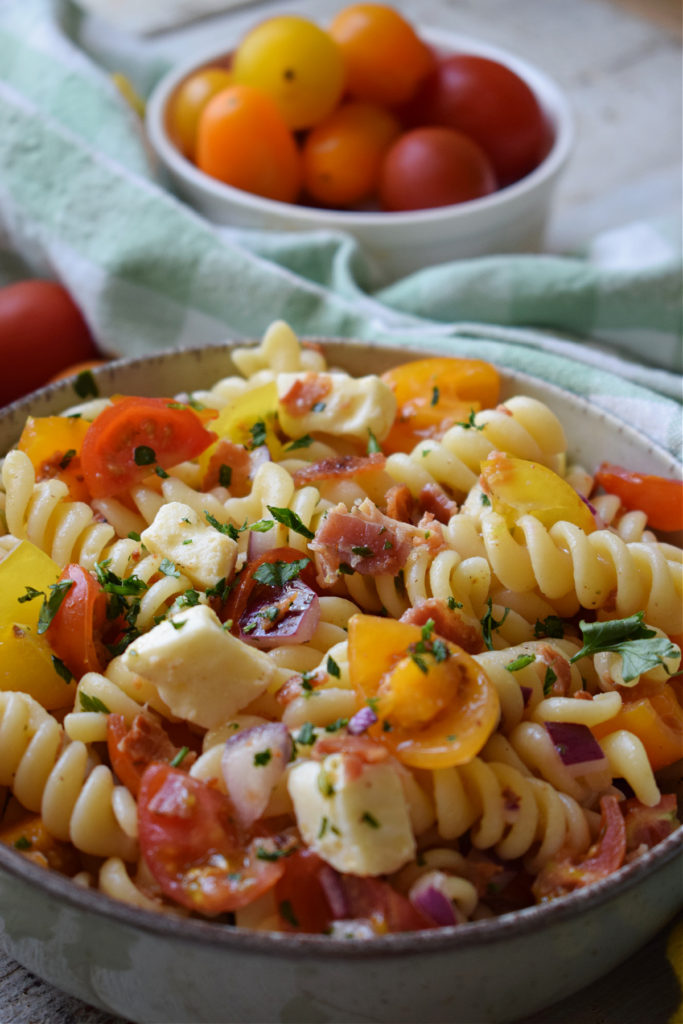 Close up of the Bacon Tomato Pasta Salad