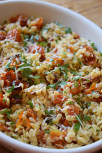 Orzo pasta salad ready to serve.