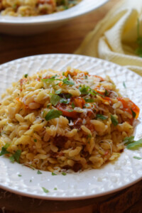 Orzo pata salad in a bowl.