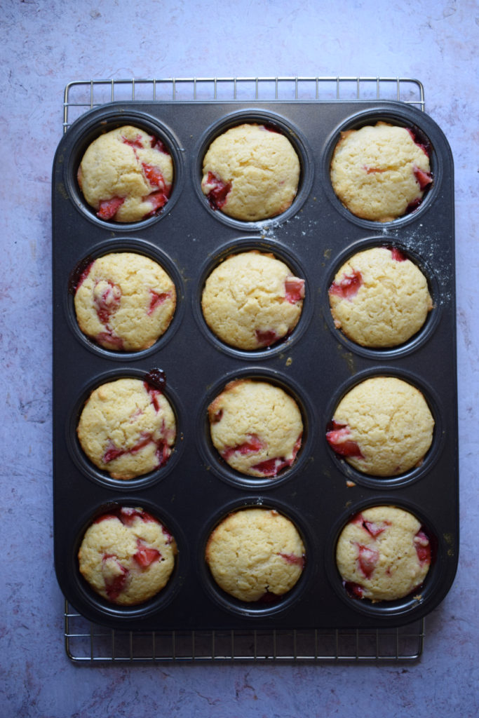 Freshly baked strawberry lemon muffins.