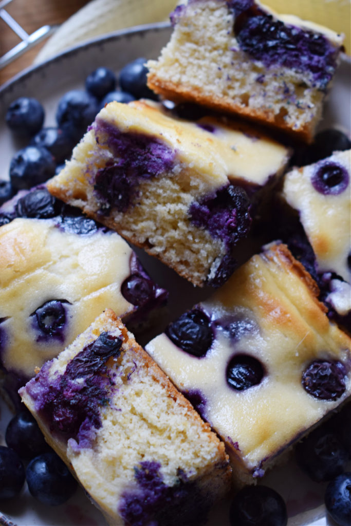 Close up of blueberry cake squares.