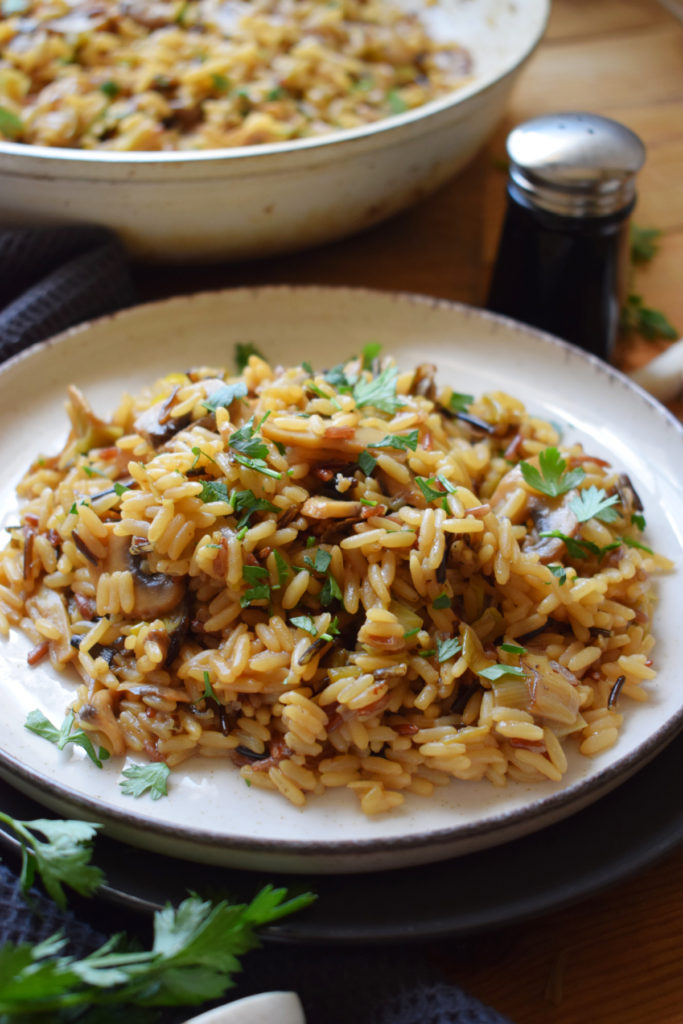 Mushroom and Leek Wild Rice on a plate.