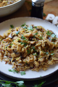 Mushroom wild rice on a white plate.