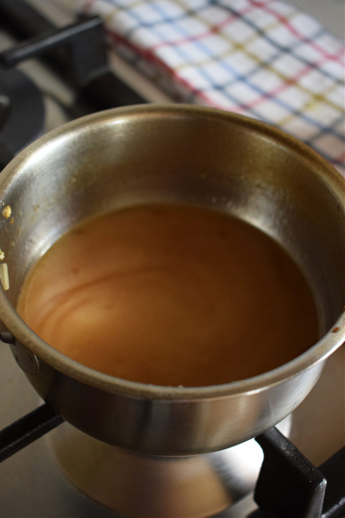 Making a sauce in a saucepan.