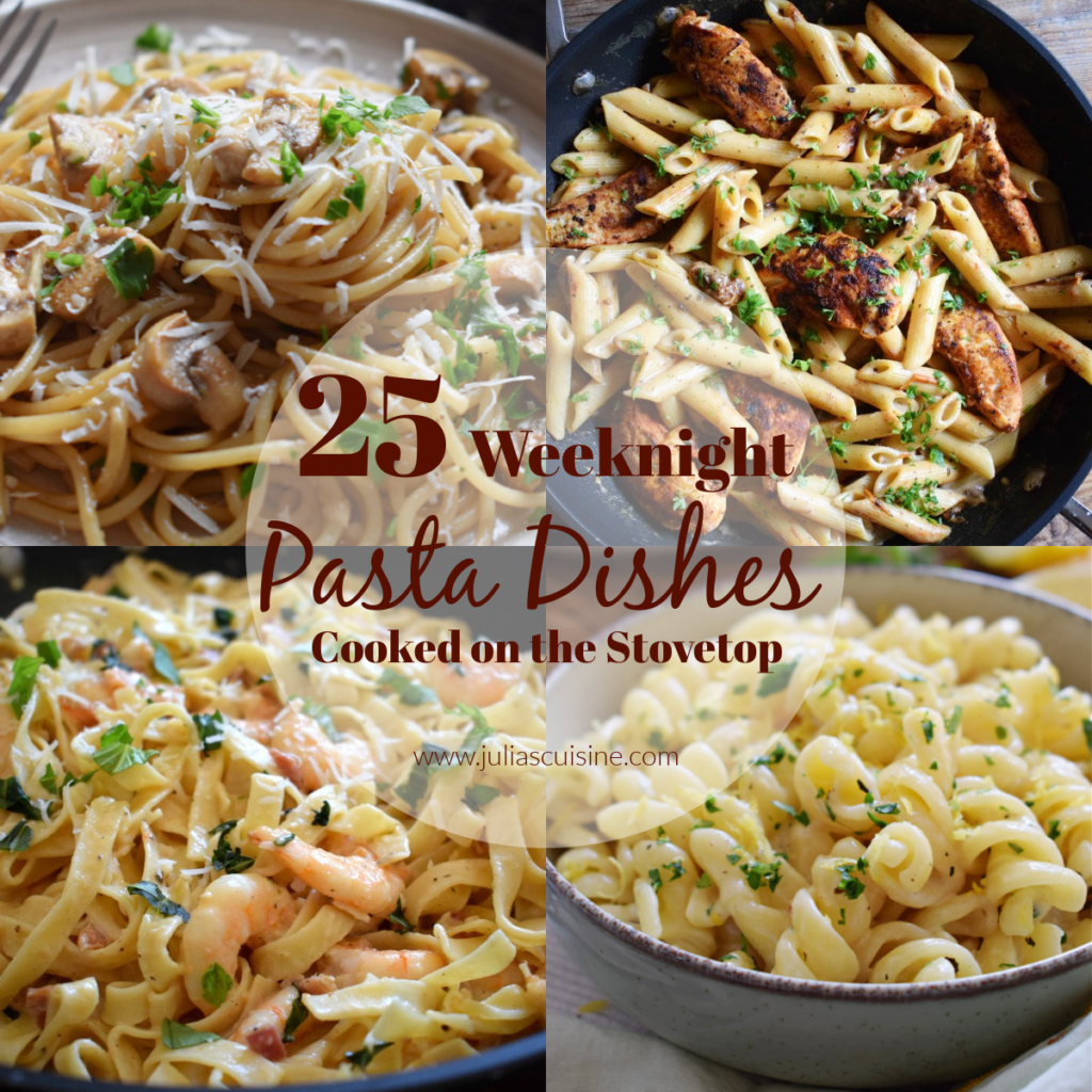 Photo collage of 25 weeknight pasta dishes (cooked on the stovetop).