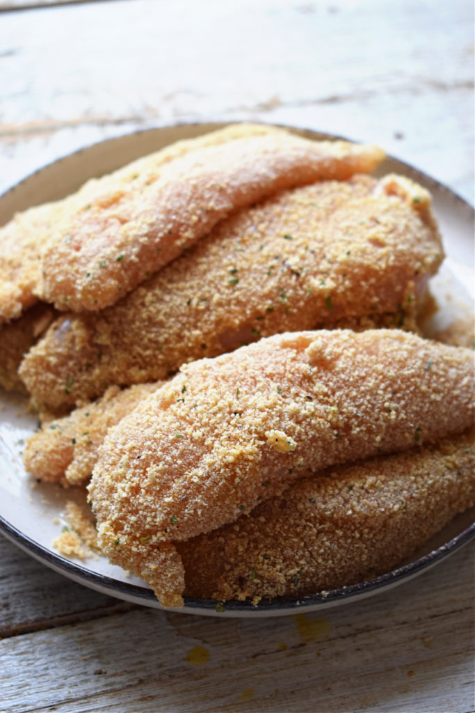 Chicken tenders ready to fry.