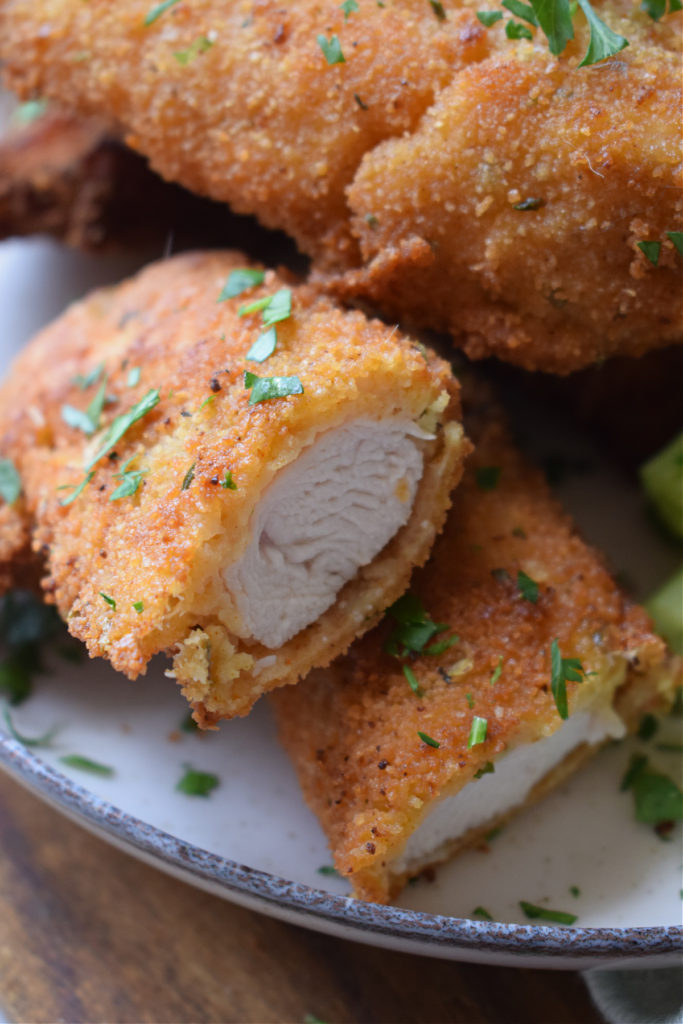 Close up of crispy fried chicken.