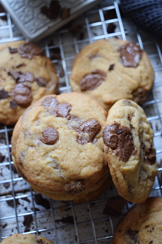 A stack of milk chocolate chunk cookies.
