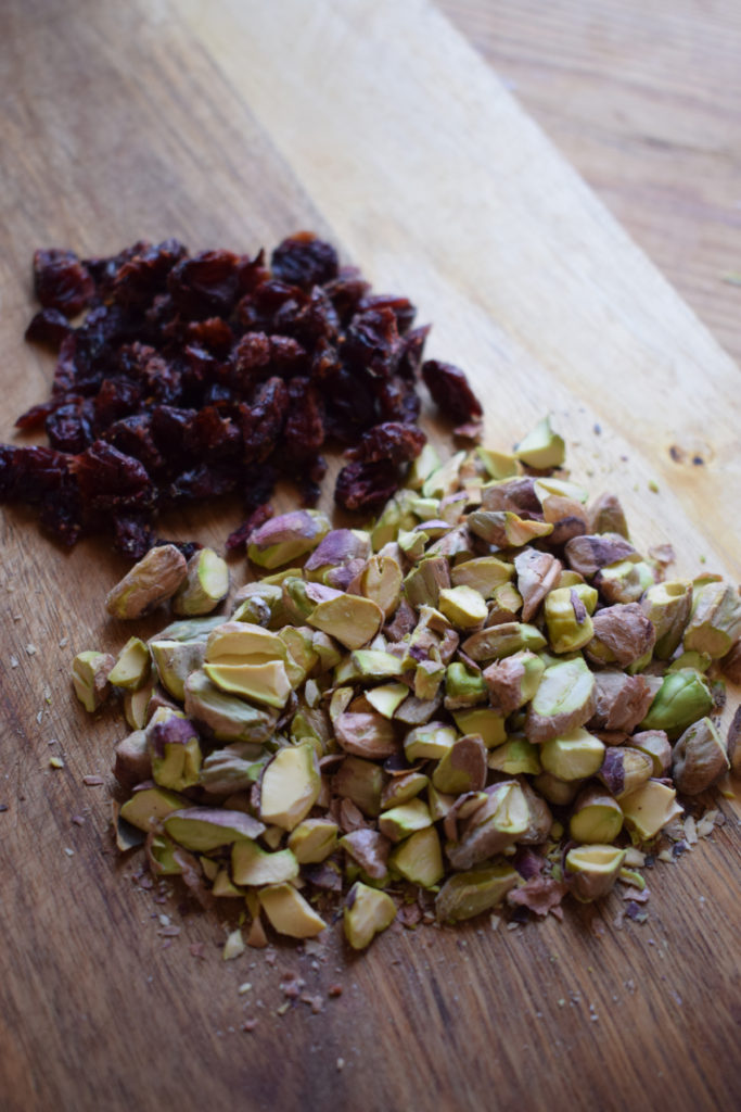 Chopped cranberries and pistachios.