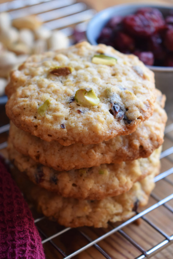 A stack of cranberry oatmeal cookies.