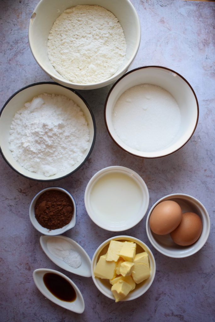 Ingredients to make a vanilla sheet cake.