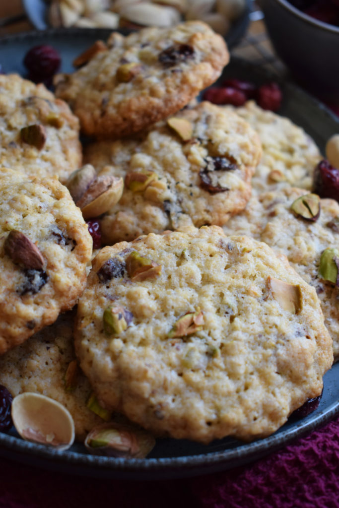 Close up of the pistachio oatmeal cranberry cookies.