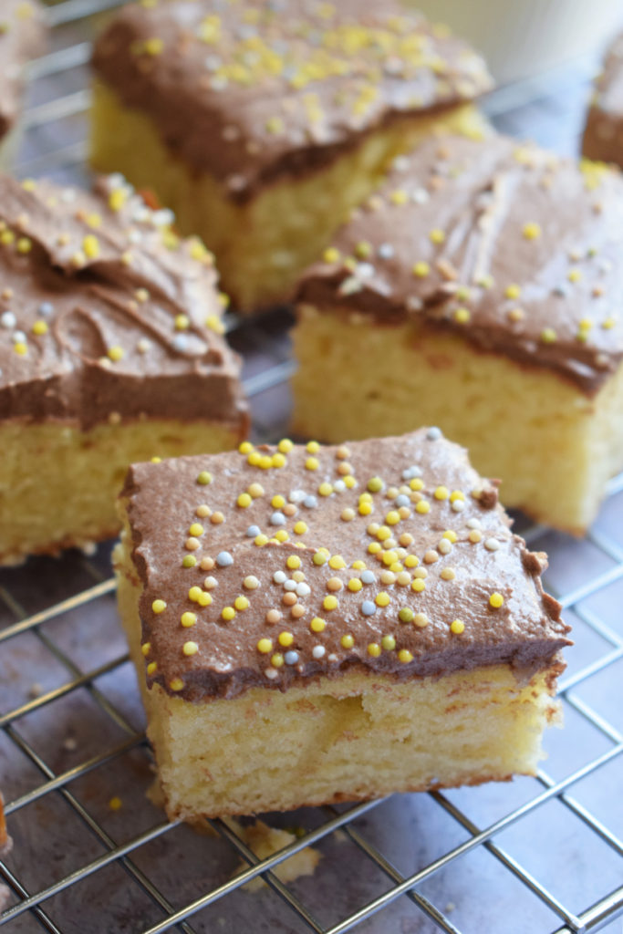Close up of vanilla cake squares with chocolate frosting.