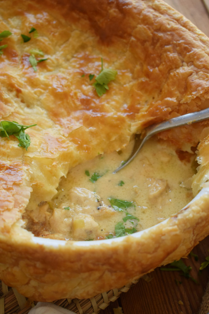 Close up of the chicken leek pie.