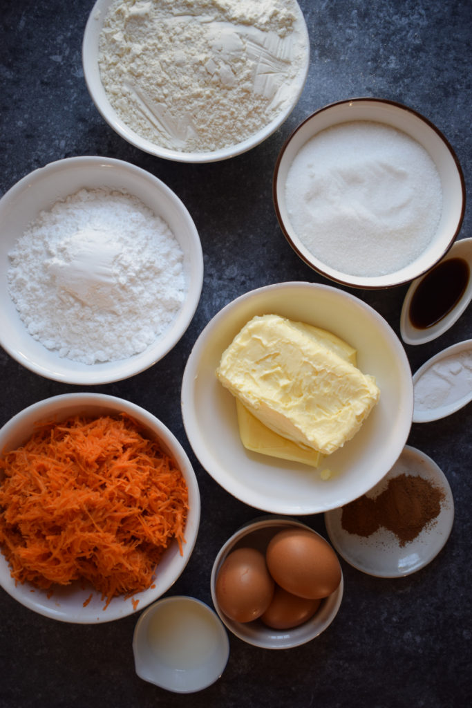 Ingredients to make a carrot cake.