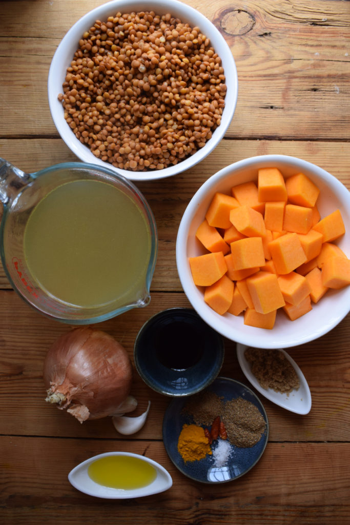 Ingredients on a board to make the squash and lentil curry.