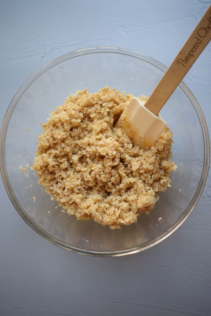 Oat mixture in a glass bowl.