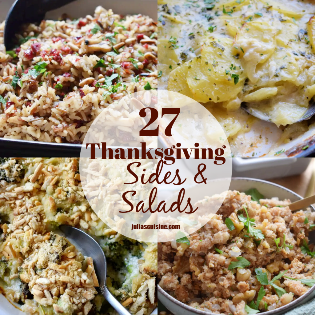 Photo collage of 27 Thanksgiving sides and salads.