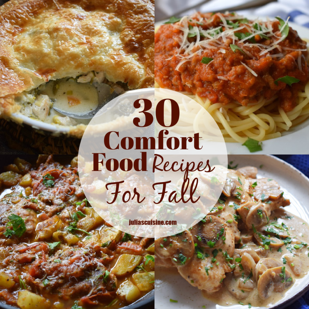 Collage of 30 comfort food recipes for fall.