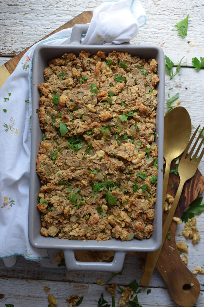 Stuffing in a casserole dish with a napkin.