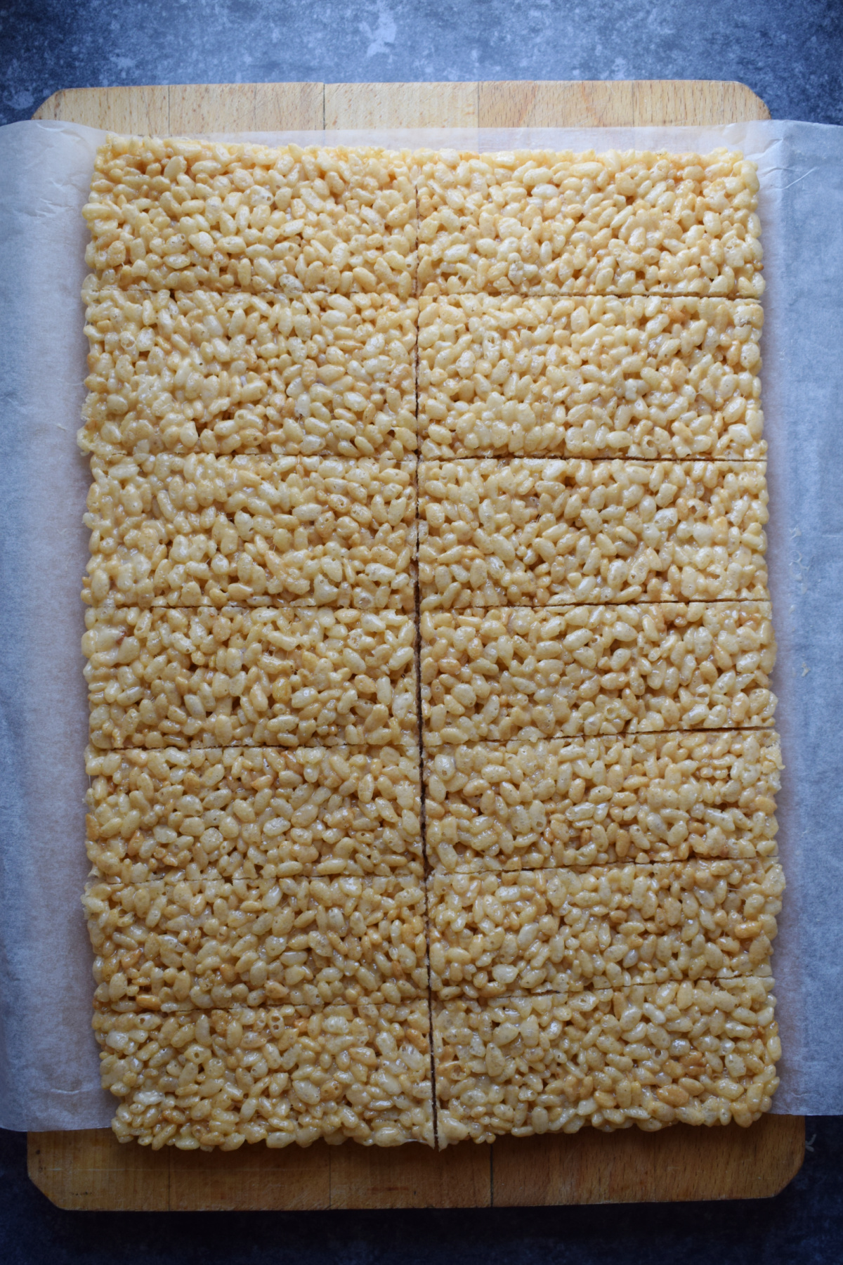Rice krispie treats cut into rectangles.