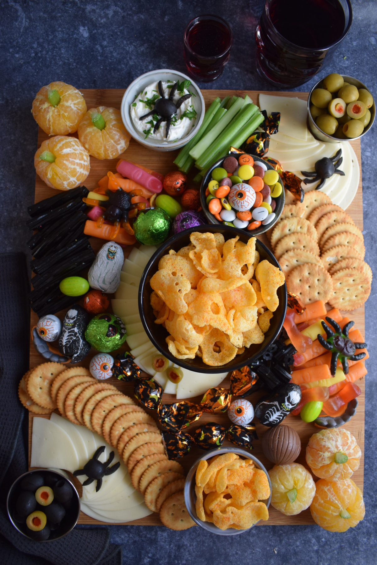 Halloween snack board on a black background.
