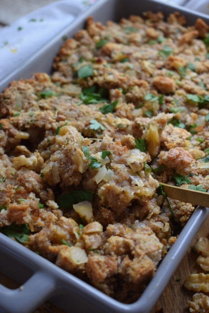Close up of stuffing in a dish.