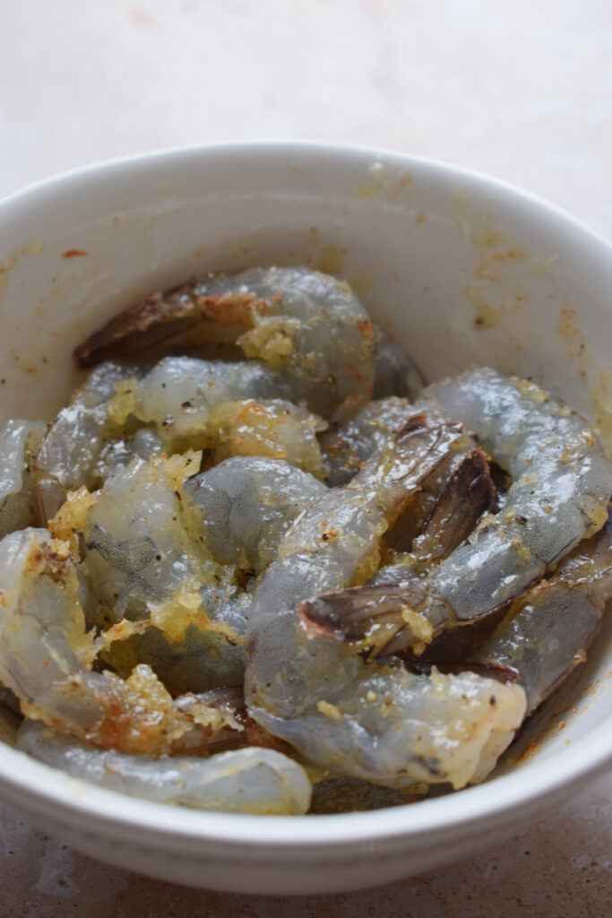 Marinaded shirimp in a bowl.
