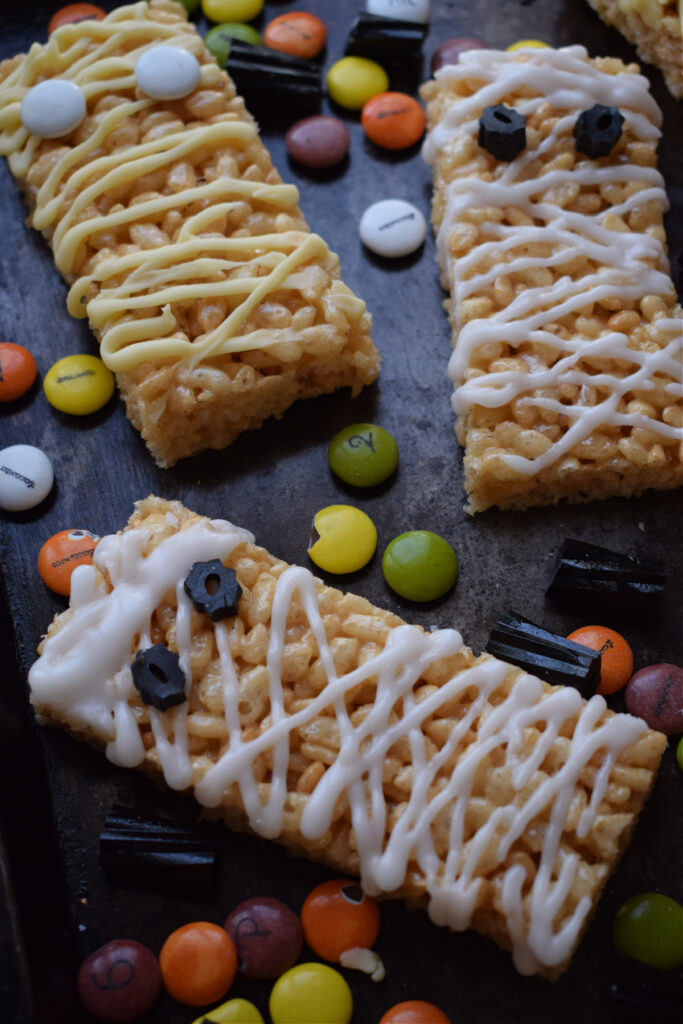 Mummy treats on a baking tray.